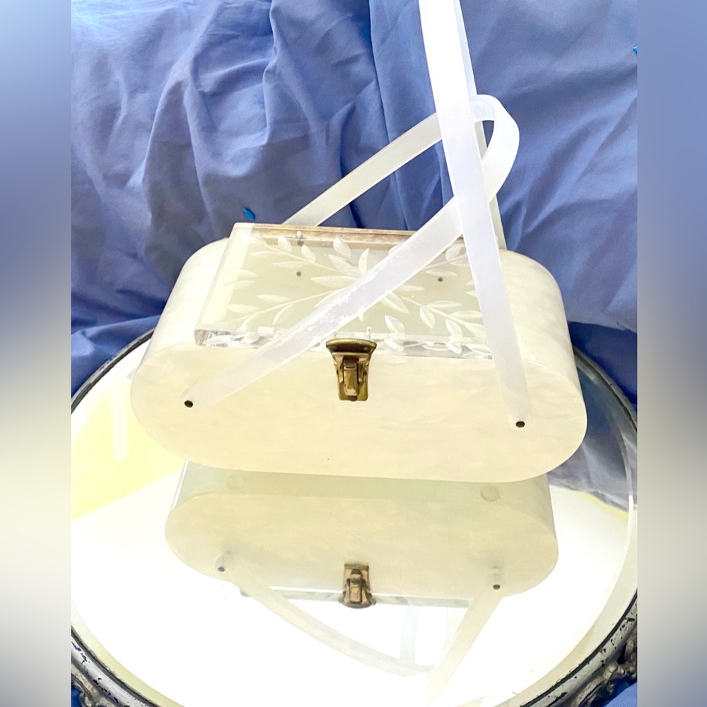 Vintage White Pearl Lucite & Brass Hand Bag From The 1950's